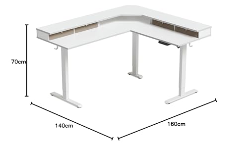 FEZIBO L-förmiger Stehschreibtisch 160 cm, Einzelmotor, 4 Schubladen, weißer Rahmen & Tischplatte, elektrisch höhenverstellbar