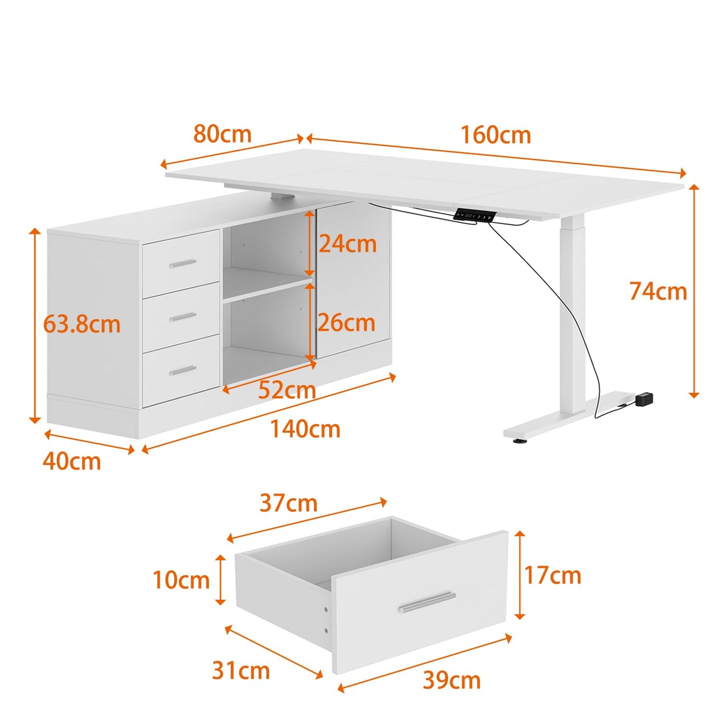 Caldion L-förmiger höhenverstellbarer Schreibtisch 74-112 cm, elektrisch, mit Kommode und offenen Ablagen, weiß