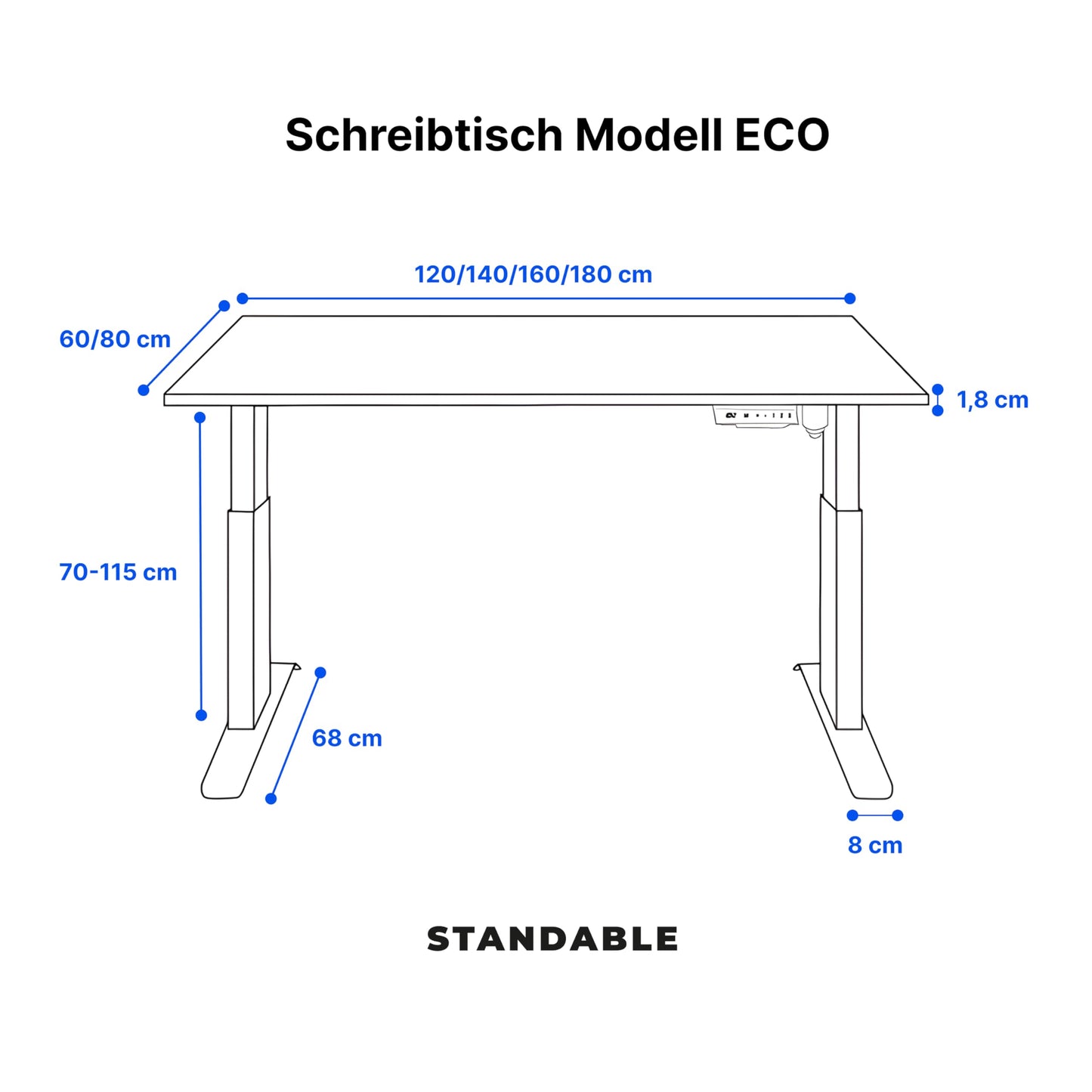 Standable ECO Höhenverstellbarer Schreibtisch 160x80 cm, elektrisch, 3 Speicherstufen, höhenverstellbar 70-115 cm, 1,8 cm Platte