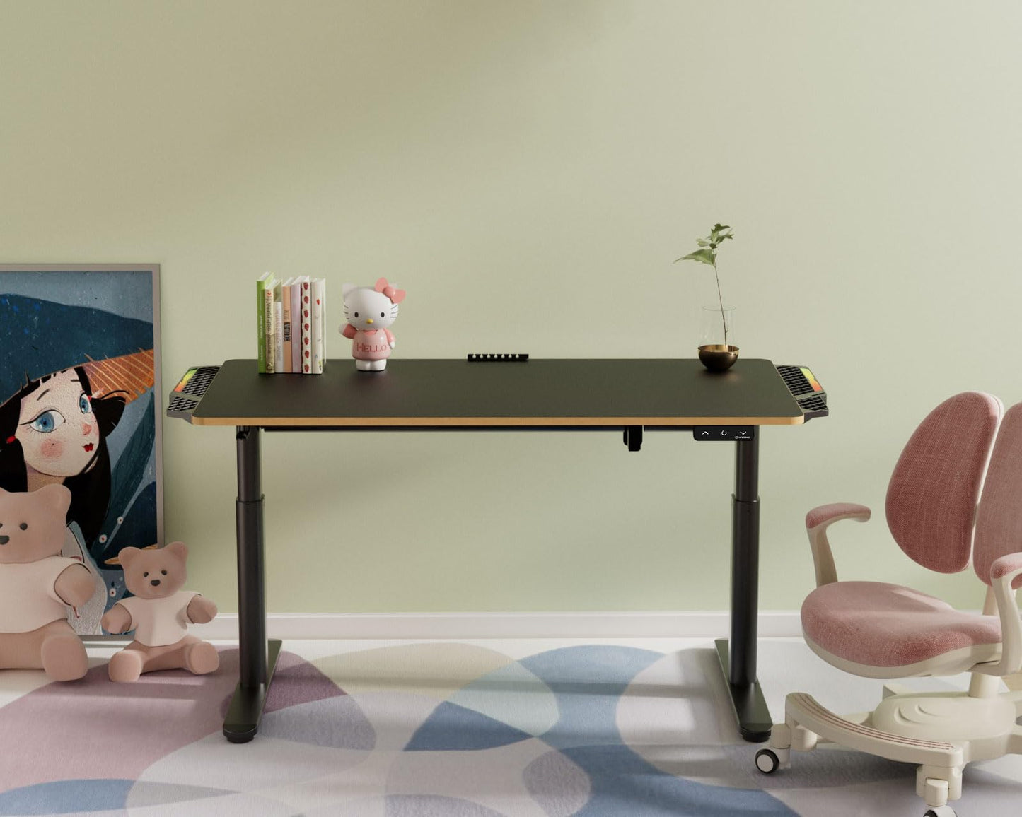 ULTRADESK Pulsar Kinderschreibtisch 136x60 cm, höhenverstellbar (55–81 cm), mit LED, für 2 Monitore, Kinder- & Jugendzimmer, schwarz