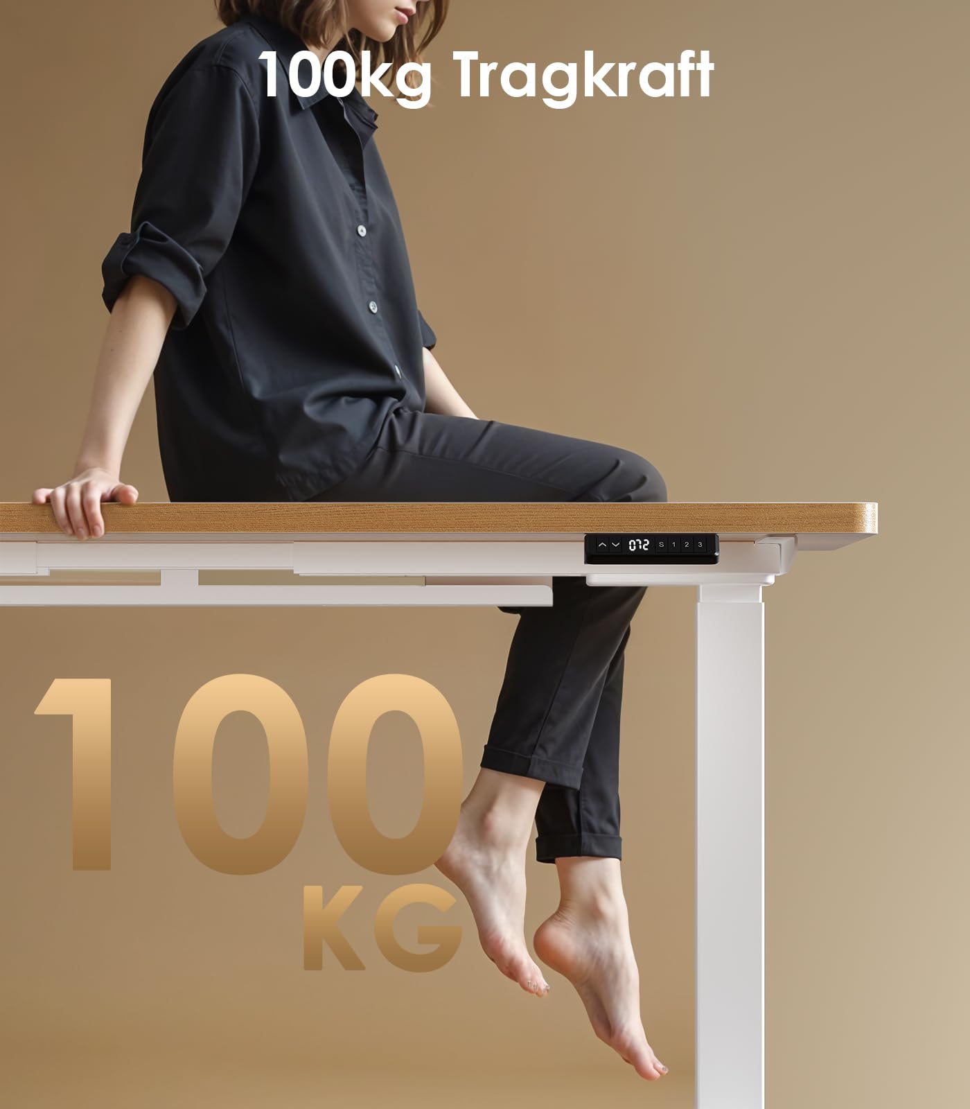 OffiGo Höhenverstellbarer Schreibtisch 120x60 cm, 25 mm Platte, 2 Motoren, USB-Anschluss, 3 Memory-Funktionen, elektrisch, Eiche