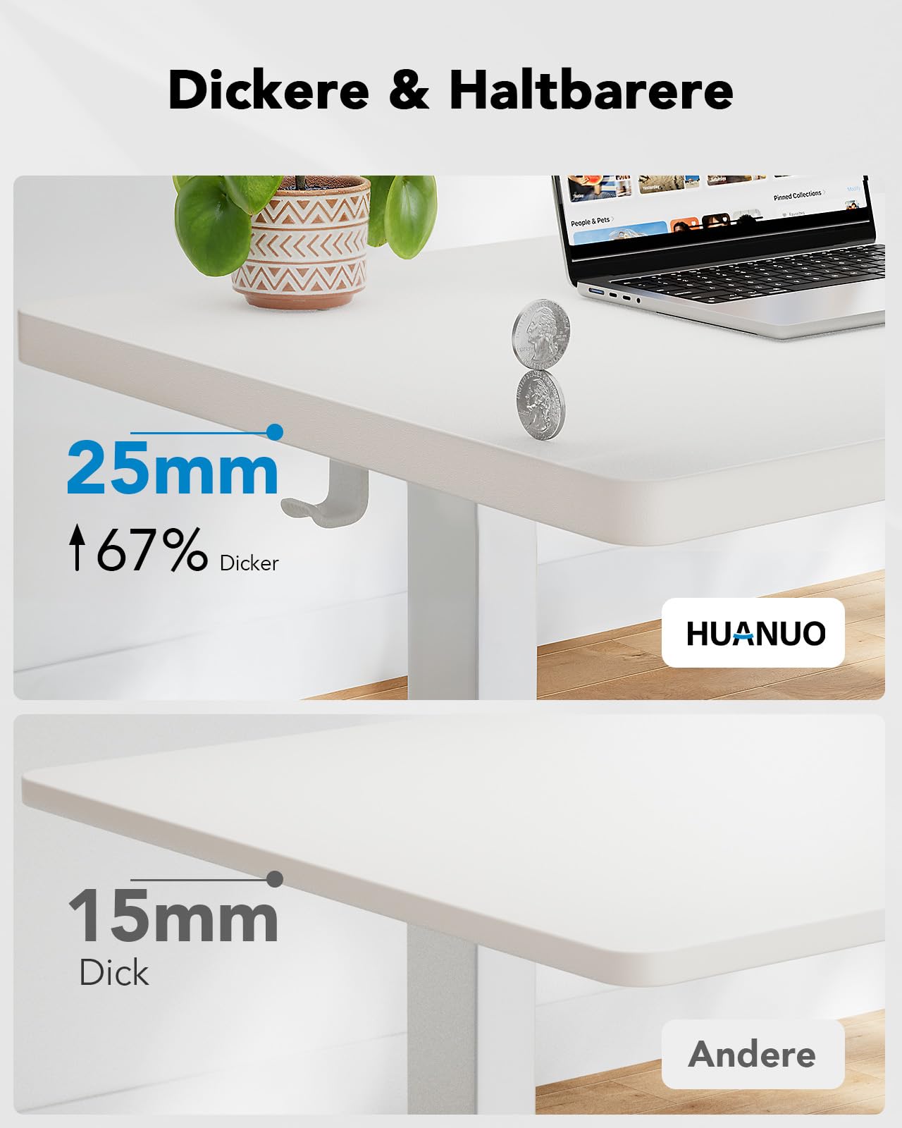 HUANUO Höhenverstellbarer Schreibtisch 160x80 cm, 25 mm Tischplatte, bürstenloser Motor, elektrisch, ergonomisch, einfache Montage, Homeoffice