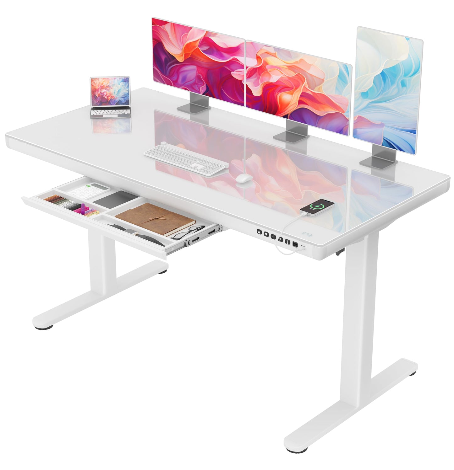 Homall Glas Schreibtisch 140x70 cm, elektrisch höhenverstellbar, mit Schublade, Sitz-Steh-Funktion, ideal fürs Home Office, weiß