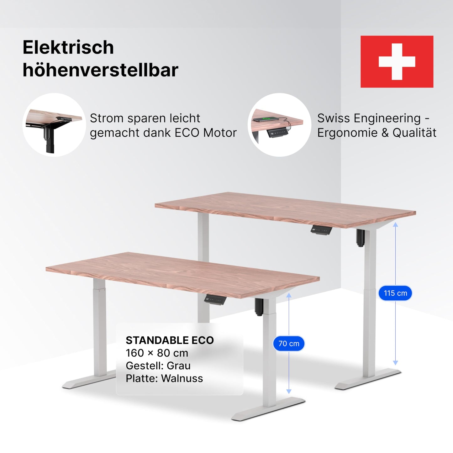 Standable ECO Höhenverstellbarer Schreibtisch 160x80 cm, elektrisch, 3 Speicherstufen, höhenverstellbar 70-115 cm, 1,8 cm Platte