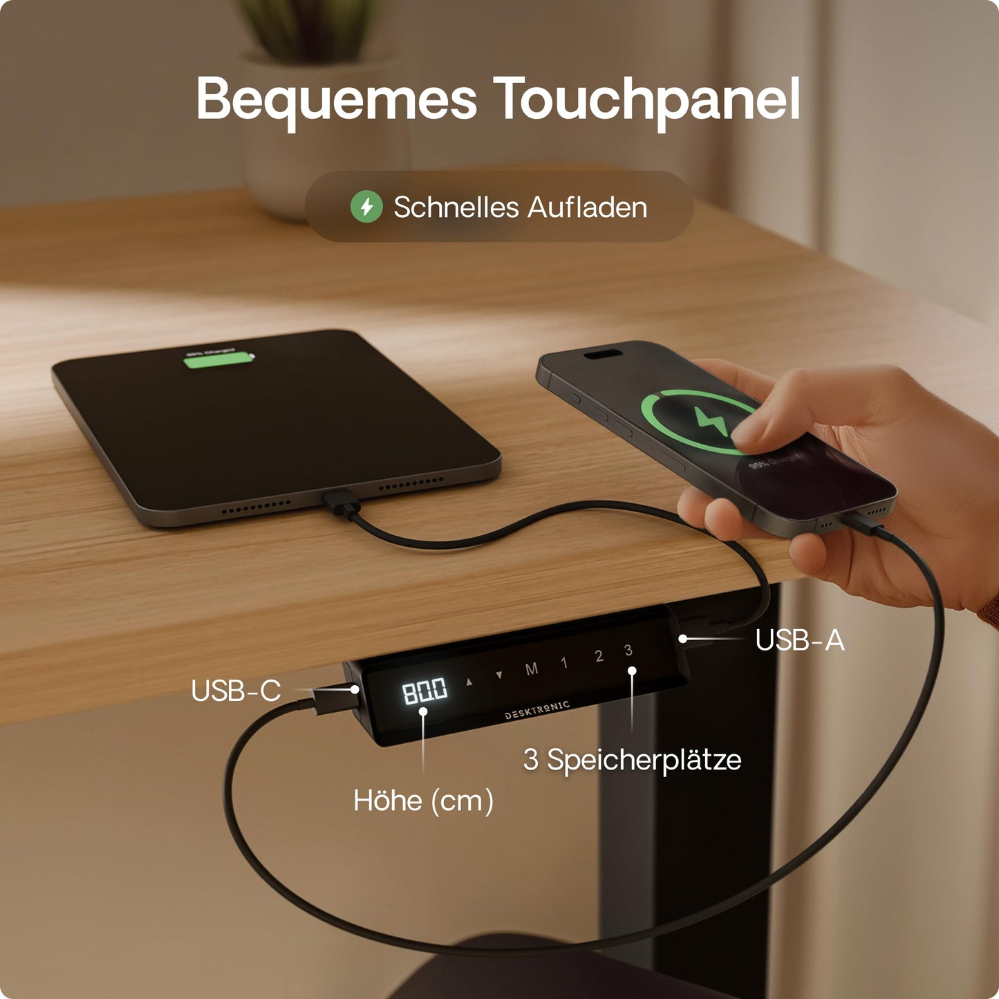 Desktronic HomePro Schreibtisch 160×80 cm, elektrisch höhenverstellbar, 2 Motoren, Touchscreen, USB-A & USB-C Anschlüsse