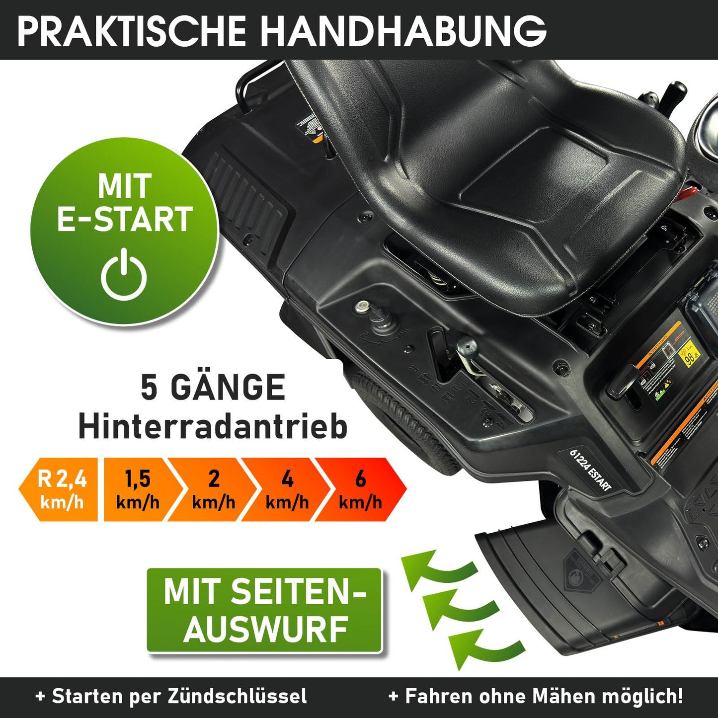 BRAST® Benzin Rasentraktor Aufsitzmäher | 5,15kW(7PS) | Elektrostart | XXL Schnittbreite 61cm | TÜV geprüft | Variable Geschwindigkeit | 150L Fangkorb | für mittlere bis große Rasenflächen