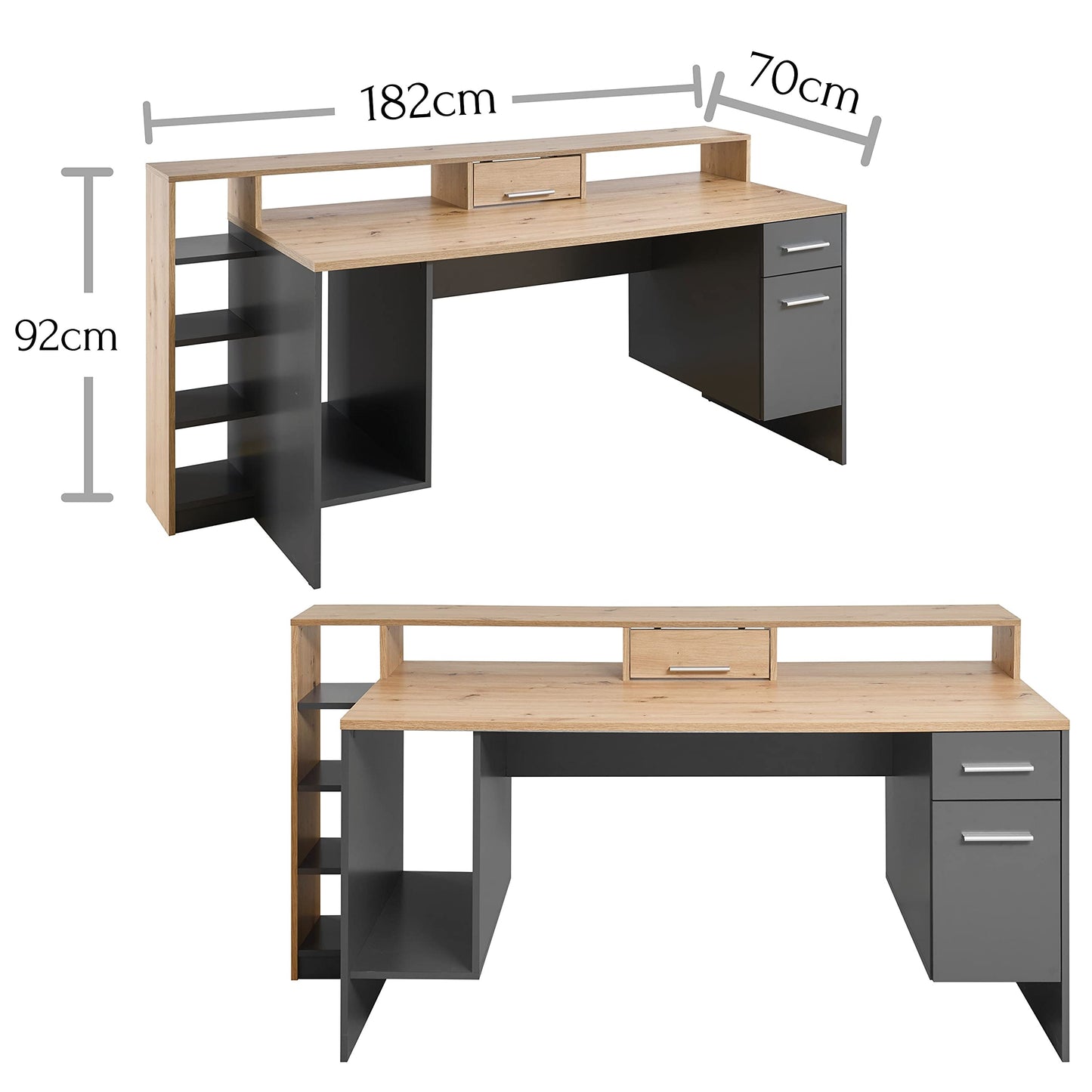 Stella Trading HIGHSCORE 4 Gaming Tisch 182x92x70 cm, Artisan Eiche Optik, grau, mit Schublade & LED-Beleuchtung
