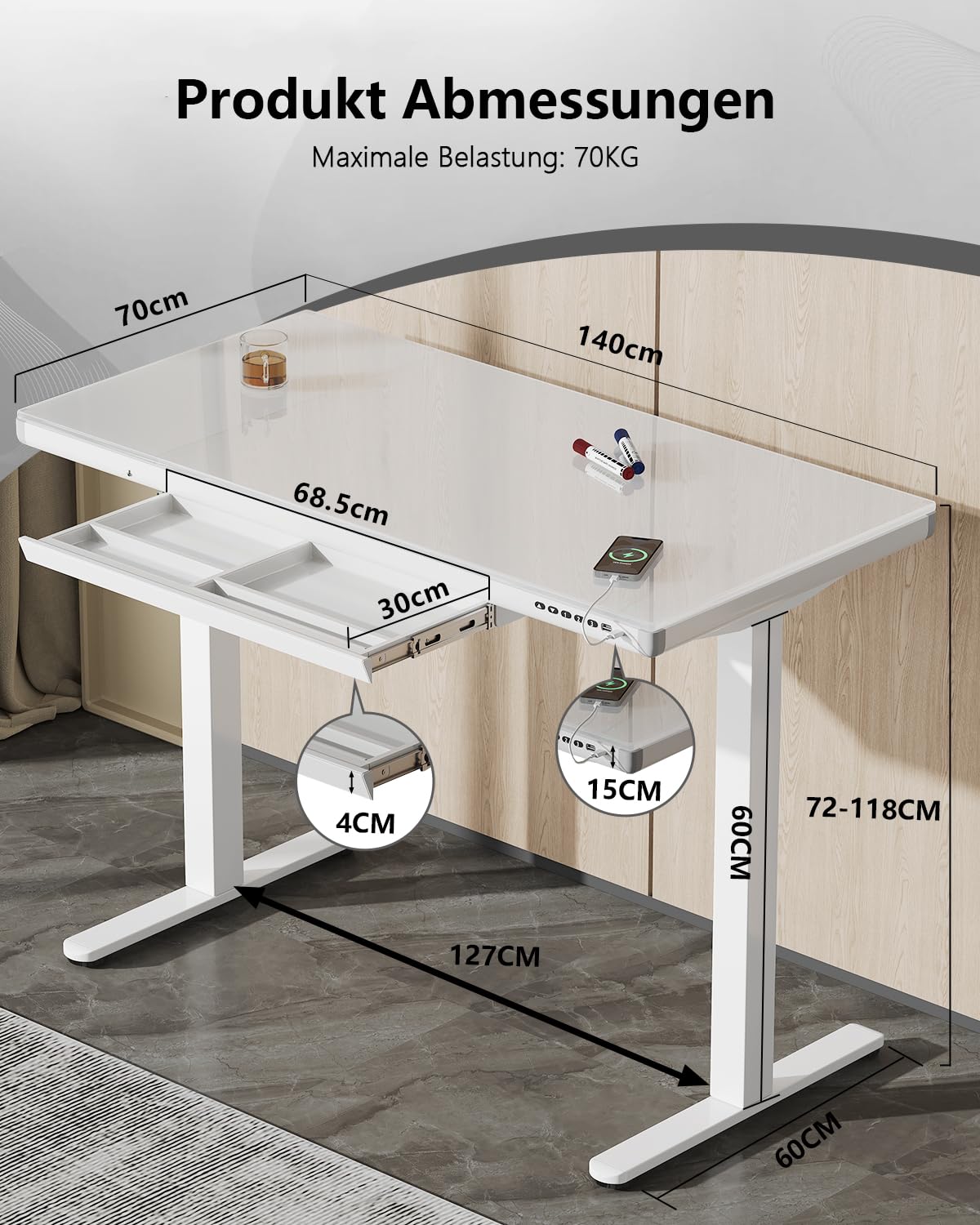 Homall Glas Schreibtisch 140x70 cm, elektrisch höhenverstellbar, mit Schublade, Sitz-Steh-Funktion, ideal fürs Home Office, weiß