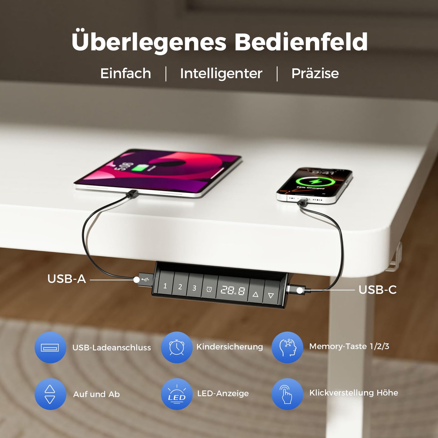 Agilestic Höhenverstellbarer Schreibtisch 120x60 cm, 28 mm Platte, 2 starke Motoren, 3 Memory-Steuerungen, ergonomisch, einfache Montage, weiß