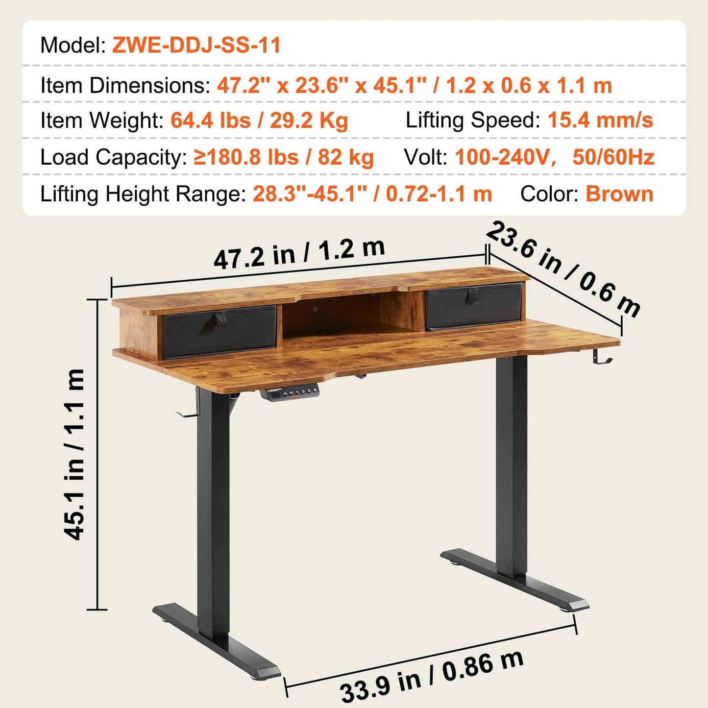 VEVOR Elektrischer Schreibtisch 120x60 cm, höhenverstellbar (72–110 cm), Memory-Steuerung, doppellagig, 82 kg belastbar, braun