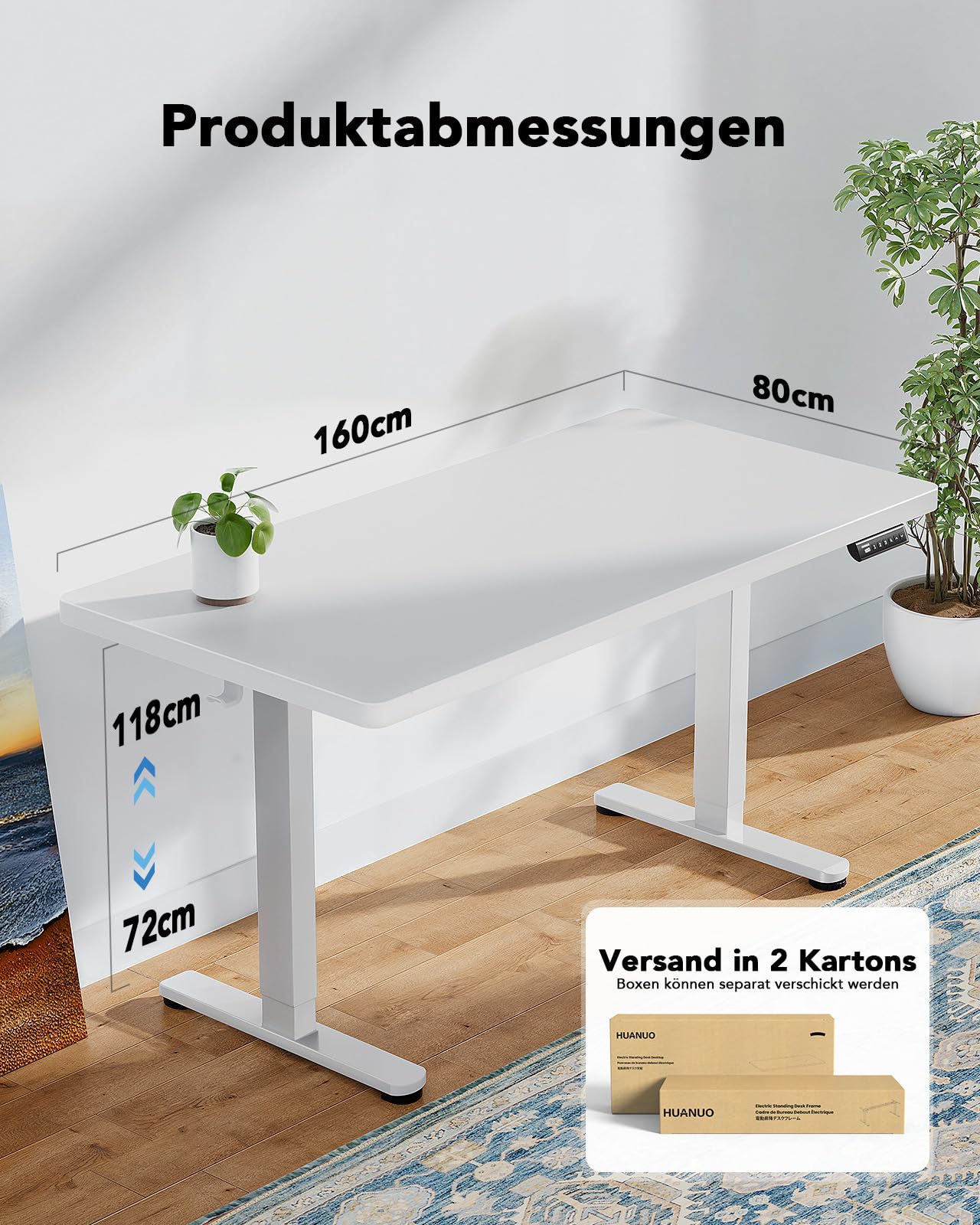 HUANUO Höhenverstellbarer Schreibtisch 160x80 cm, 25 mm Tischplatte, bürstenloser Motor, elektrisch, ergonomisch, einfache Montage, Homeoffice