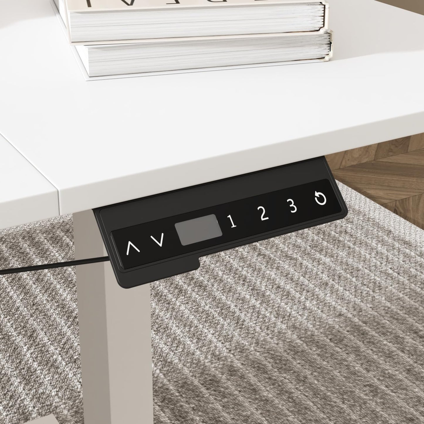 Caldion L-förmiger höhenverstellbarer Schreibtisch 74-112 cm, elektrisch, mit Kommode und offenen Ablagen, weiß