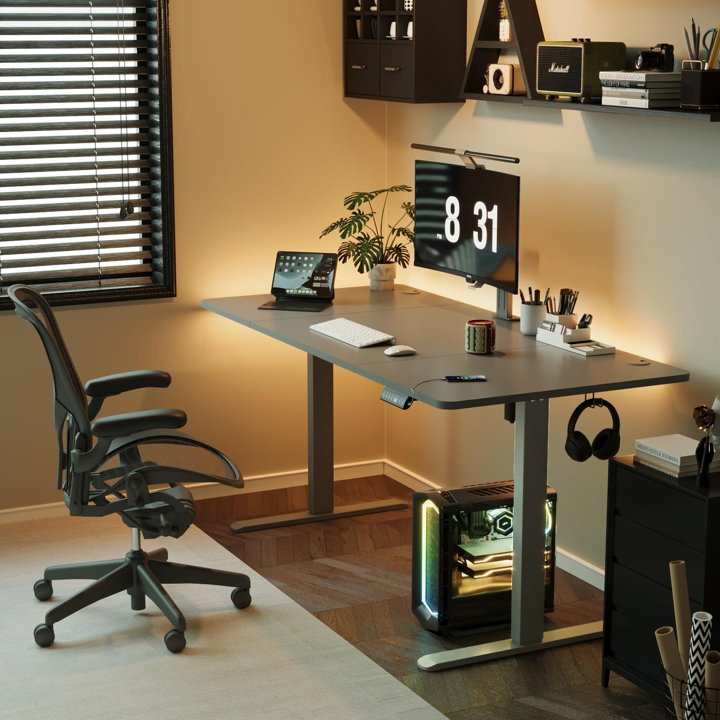 Devoko Höhenverstellbarer Schreibtisch 180x80 cm, elektrisch, Typ-C Ladeanschluss, Kabelmanagement, mobiler Computertisch, grau