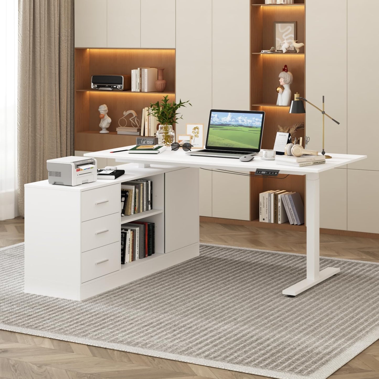 Caldion L-förmiger höhenverstellbarer Schreibtisch 74-112 cm, elektrisch, mit Kommode und offenen Ablagen, weiß