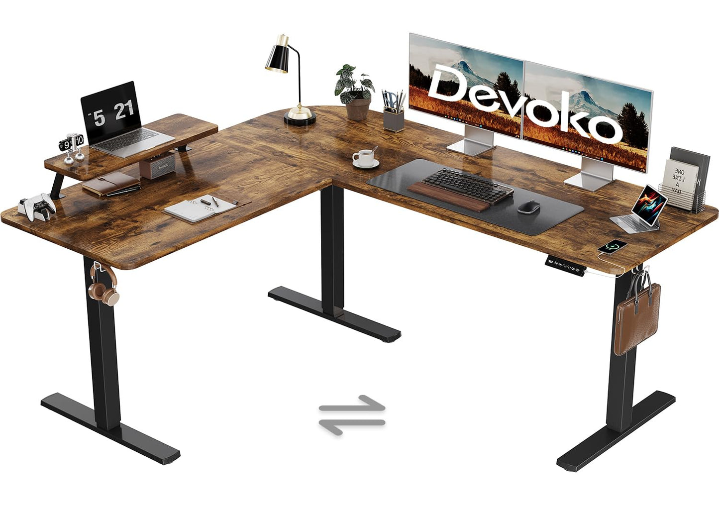 Devoko L-förmiger Schreibtisch 160x140 cm, elektrisch höhenverstellbar, ergonomischer Steh-Sitz-Tisch, Eckschreibtisch, Vintage Braun