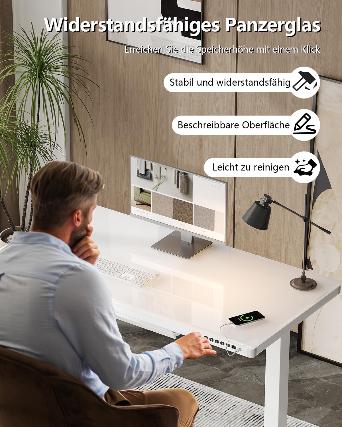 Homall Glas Schreibtisch 140x70 cm, elektrisch höhenverstellbar, mit Schublade, Sitz-Steh-Funktion, ideal fürs Home Office, weiß