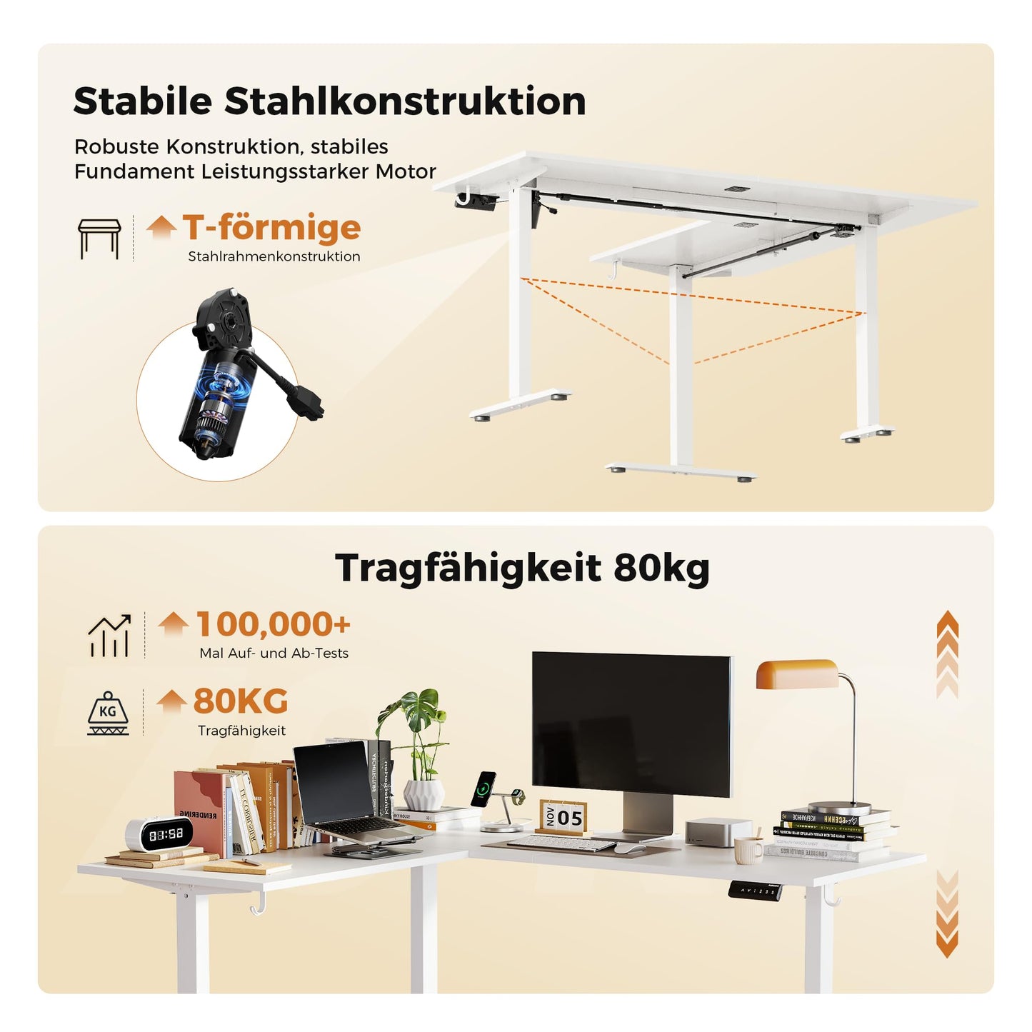 Agilestic L-förmiger Schreibtisch 190x155 cm, höhenverstellbar, ergonomisch, Steh-Sitz-Funktion, ideal für Eckräume, weiß