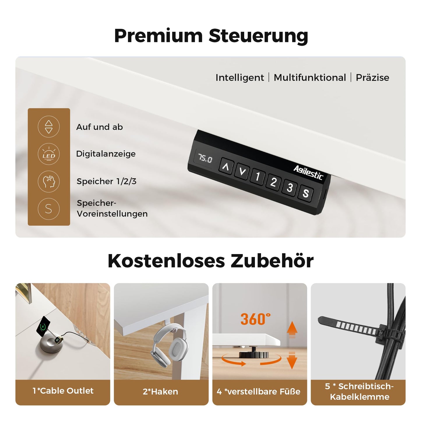 Agilestic L-förmiger Schreibtisch 190x155 cm, höhenverstellbar, ergonomisch, Steh-Sitz-Funktion, ideal für Eckräume, weiß