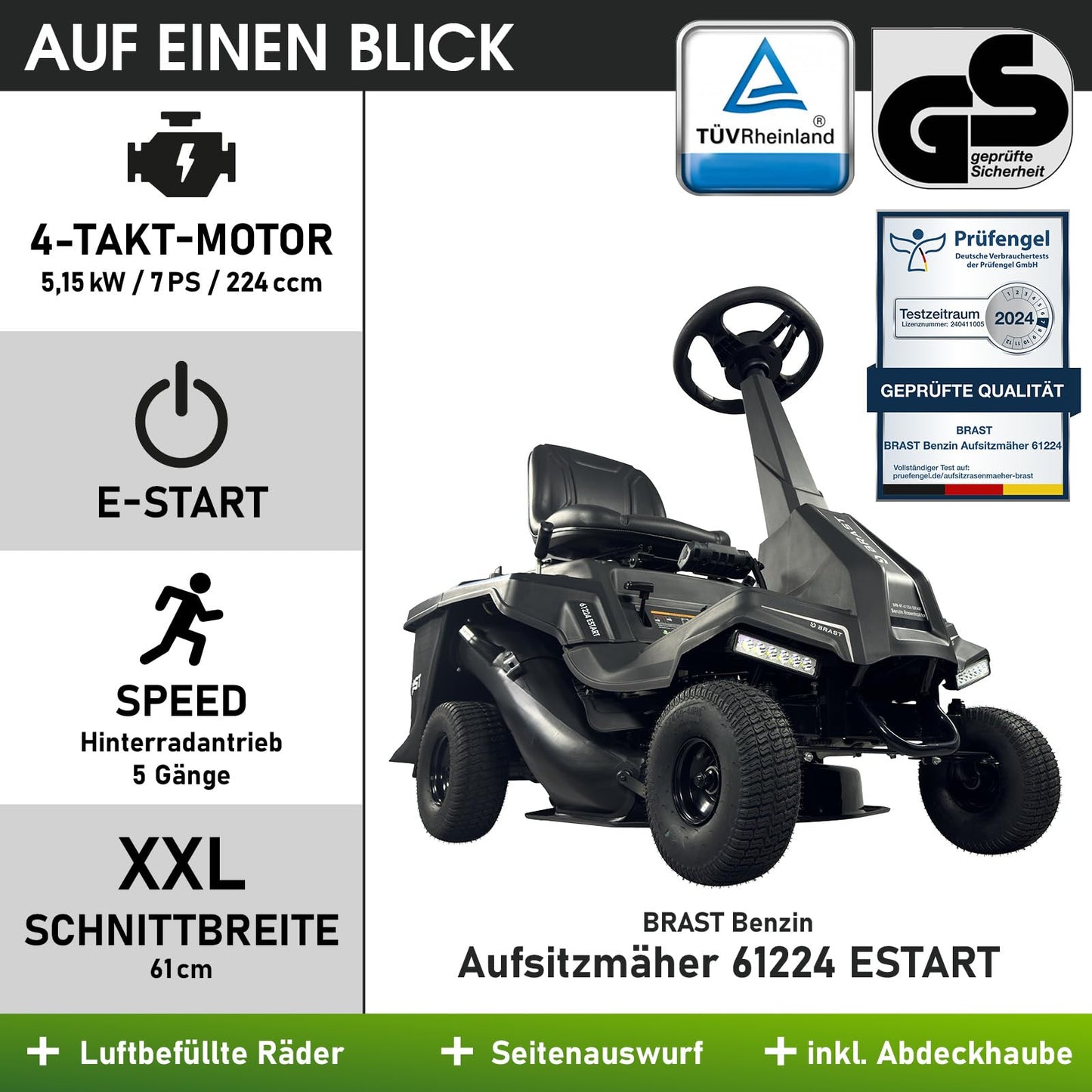 BRAST® Benzin Rasentraktor Aufsitzmäher | 5,15kW(7PS) | Elektrostart | XXL Schnittbreite 61cm | TÜV geprüft | Variable Geschwindigkeit | 150L Fangkorb | für mittlere bis große Rasenflächen
