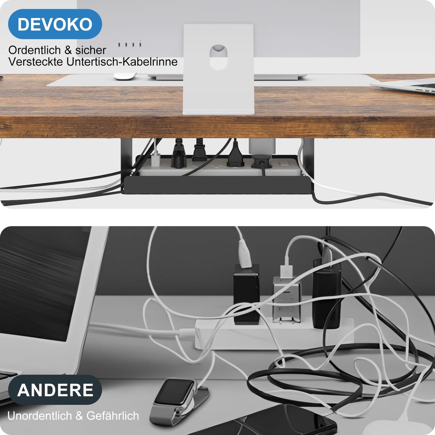 Devoko Höhenverstellbarer Schreibtisch 180x80 cm, 2 Motoren, 25 mm Platte, Kabelmanagement, elektrisch, Vintagebraun, ergonomisch
