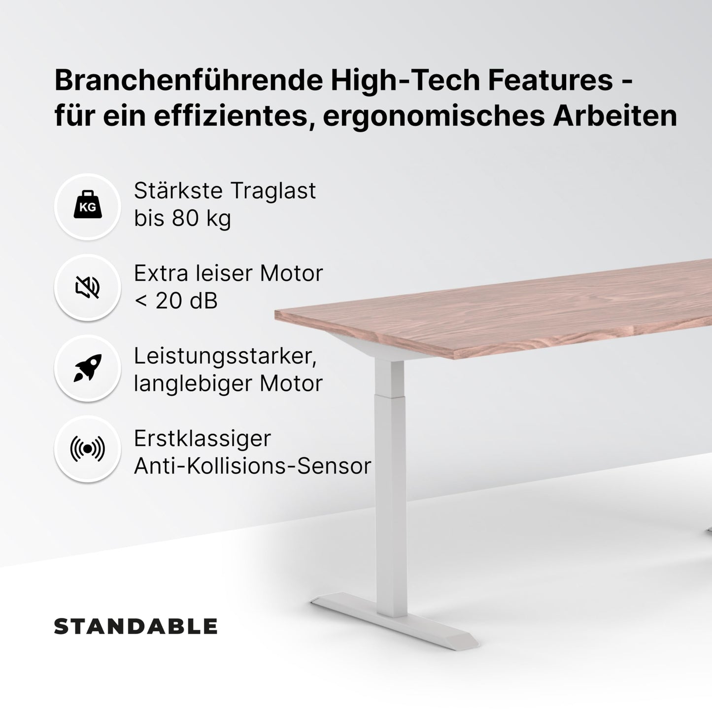 Standable ECO Höhenverstellbarer Schreibtisch 160x80 cm, elektrisch, 3 Speicherstufen, höhenverstellbar 70-115 cm, 1,8 cm Platte