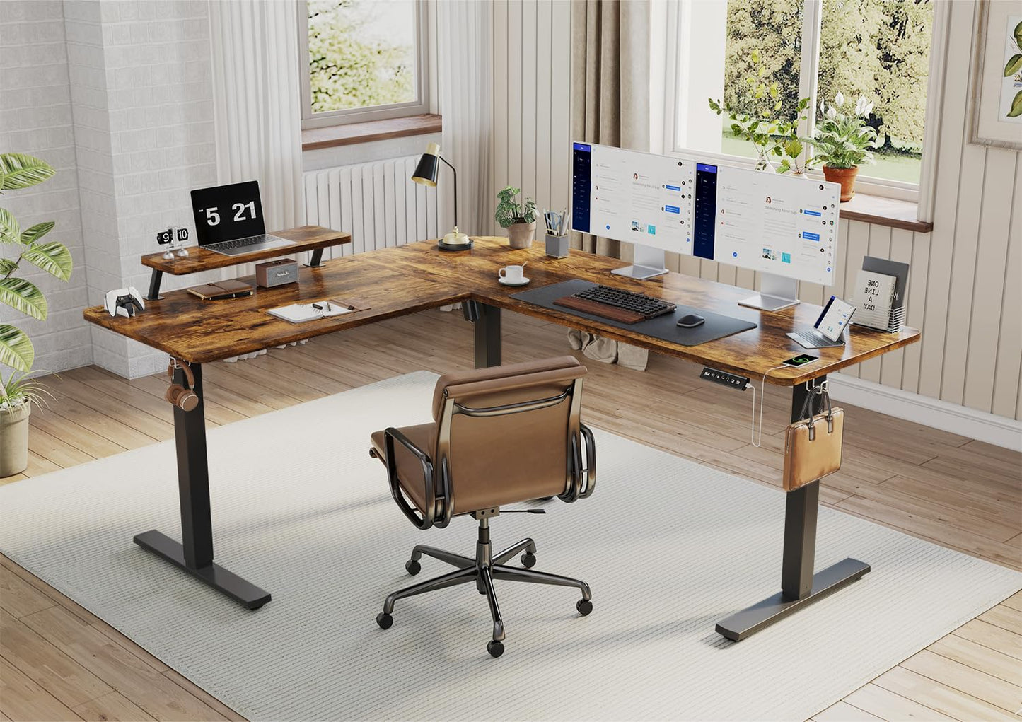 Devoko L-förmiger Schreibtisch 160x140 cm, elektrisch höhenverstellbar, ergonomischer Steh-Sitz-Tisch, Eckschreibtisch, Vintage Braun