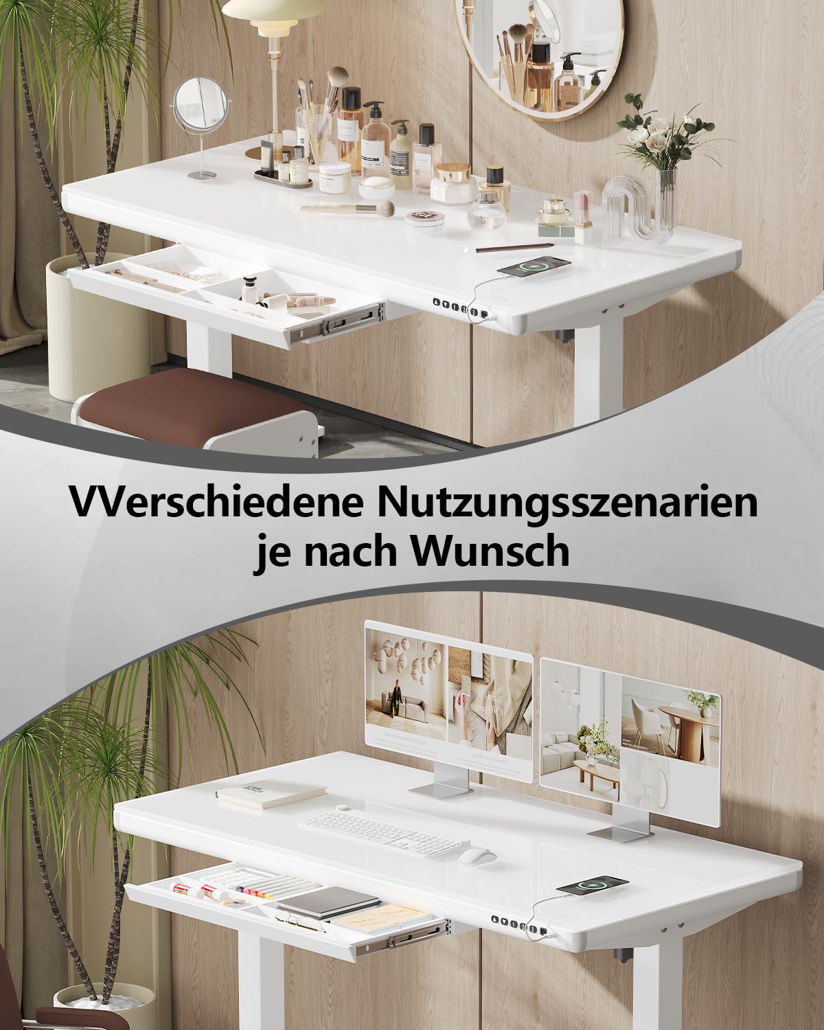 Homall Glas Schreibtisch 140x70 cm, elektrisch höhenverstellbar, mit Schublade, Sitz-Steh-Funktion, ideal fürs Home Office, weiß