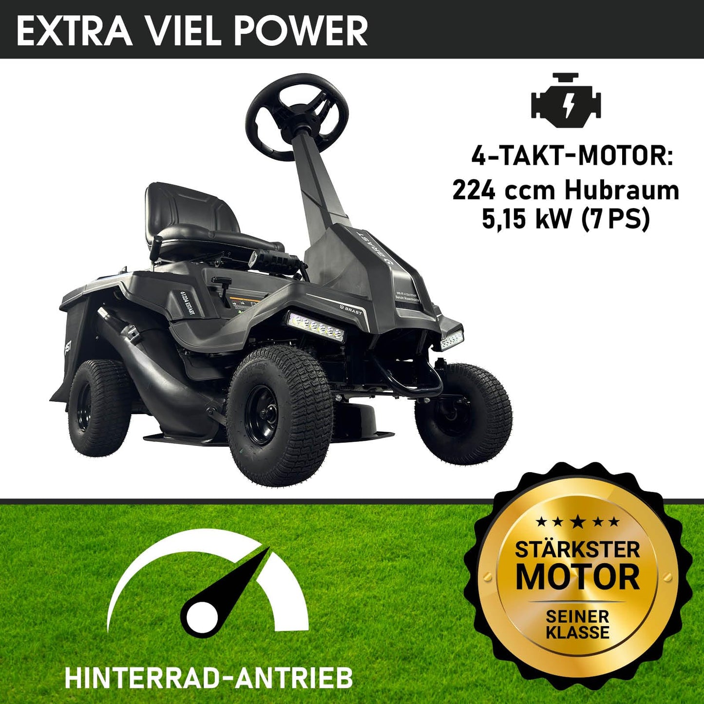 BRAST® Benzin Rasentraktor Aufsitzmäher | 5,15kW(7PS) | Elektrostart | XXL Schnittbreite 61cm | TÜV geprüft | Variable Geschwindigkeit | 150L Fangkorb | für mittlere bis große Rasenflächen