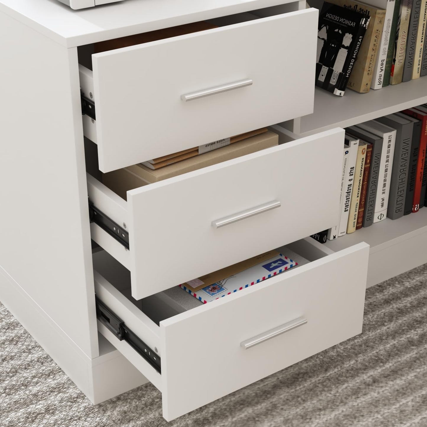 Caldion L-förmiger höhenverstellbarer Schreibtisch 74-112 cm, elektrisch, mit Kommode und offenen Ablagen, weiß