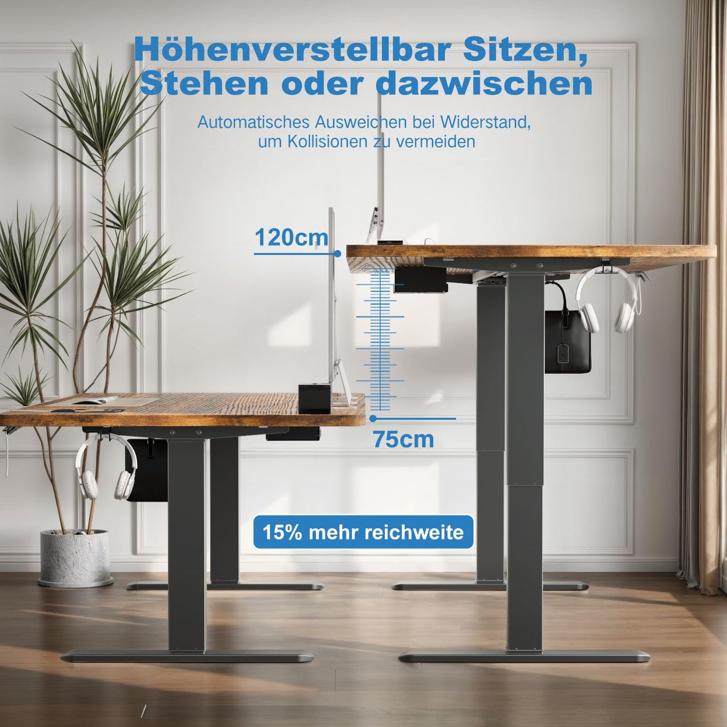 Devoko Höhenverstellbarer Schreibtisch 180x80 cm, 2 Motoren, 25 mm Platte, Kabelmanagement, elektrisch, Vintagebraun, ergonomisch