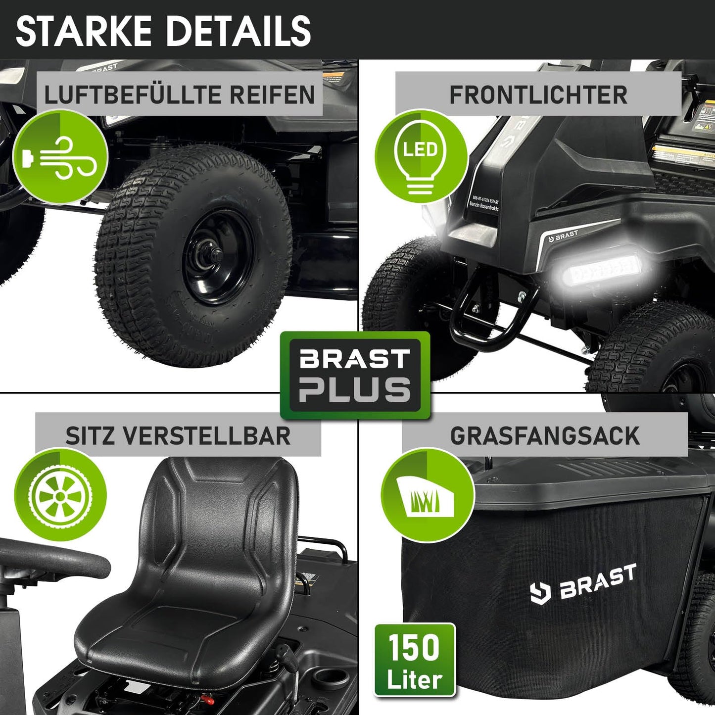 BRAST® Benzin Rasentraktor Aufsitzmäher | 5,15kW(7PS) | Elektrostart | XXL Schnittbreite 61cm | TÜV geprüft | Variable Geschwindigkeit | 150L Fangkorb | für mittlere bis große Rasenflächen