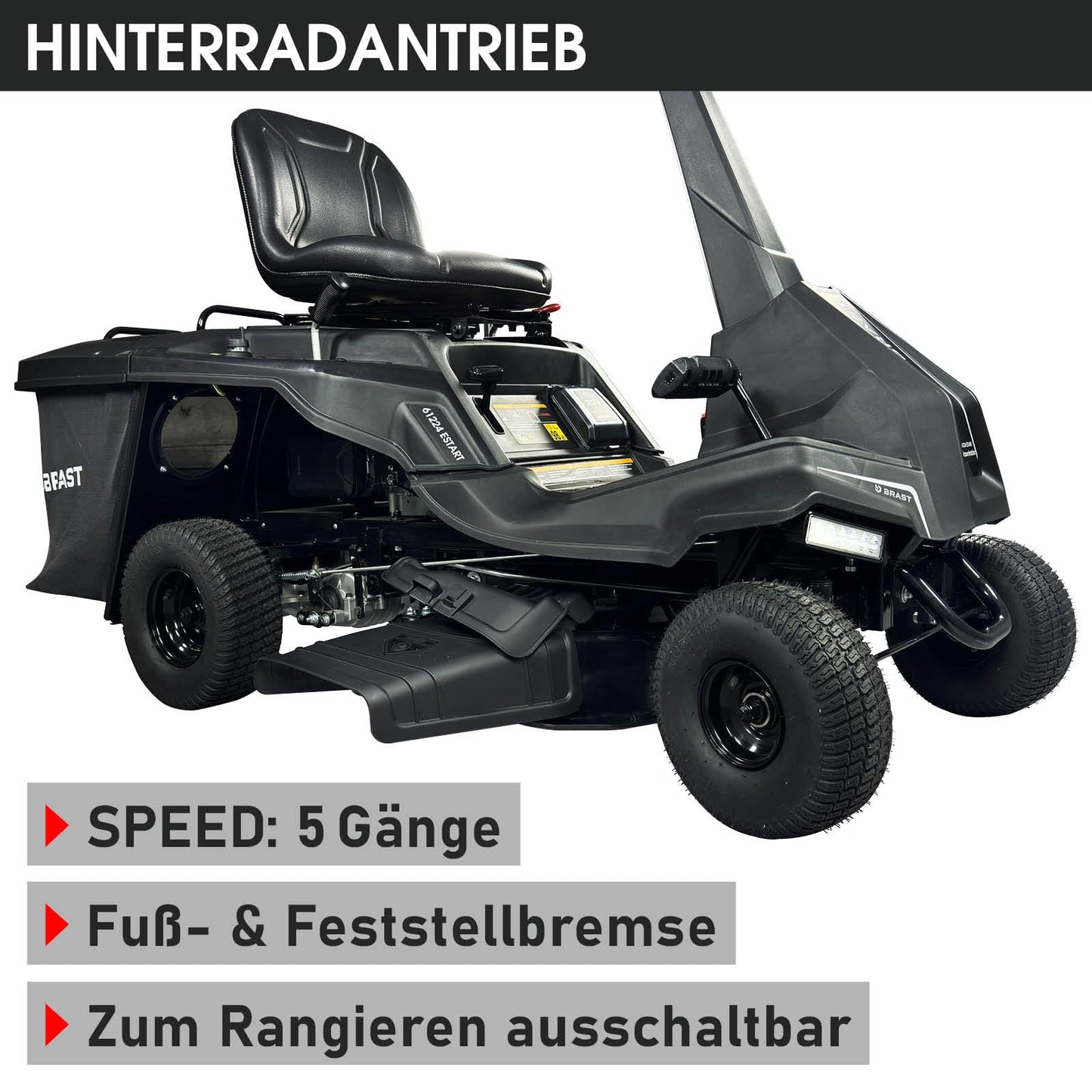 BRAST® Benzin Rasentraktor Aufsitzmäher | 5,15kW(7PS) | Elektrostart | XXL Schnittbreite 61cm | TÜV geprüft | Variable Geschwindigkeit | 150L Fangkorb | für mittlere bis große Rasenflächen