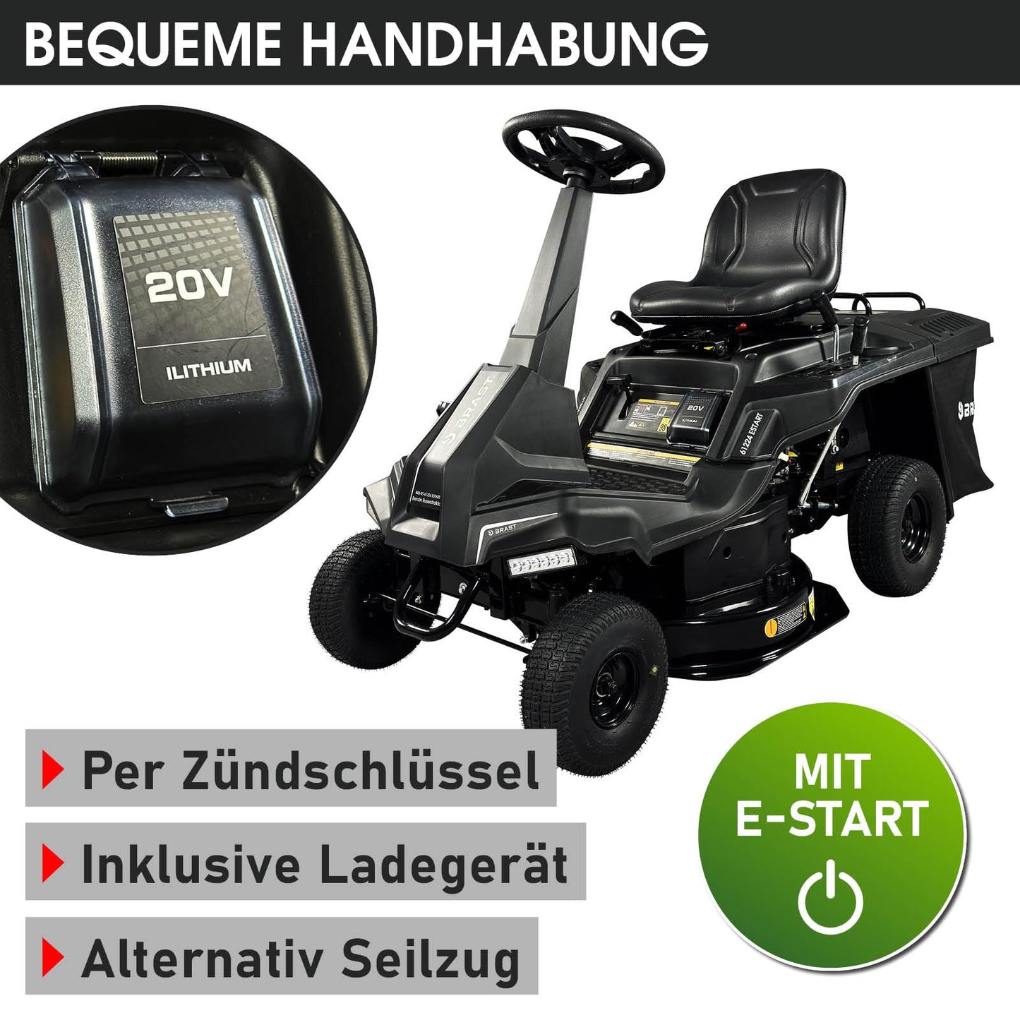 BRAST® Rasentraktor Benzin Aufsitzmäher | 5,15kW(7PS) | Elektrostart | XXL Schnittbreite 61cm | TÜV geprüft | Variable Geschwindigkeit | 150L Fangkorb | für mittlere bis große Rasenflächen