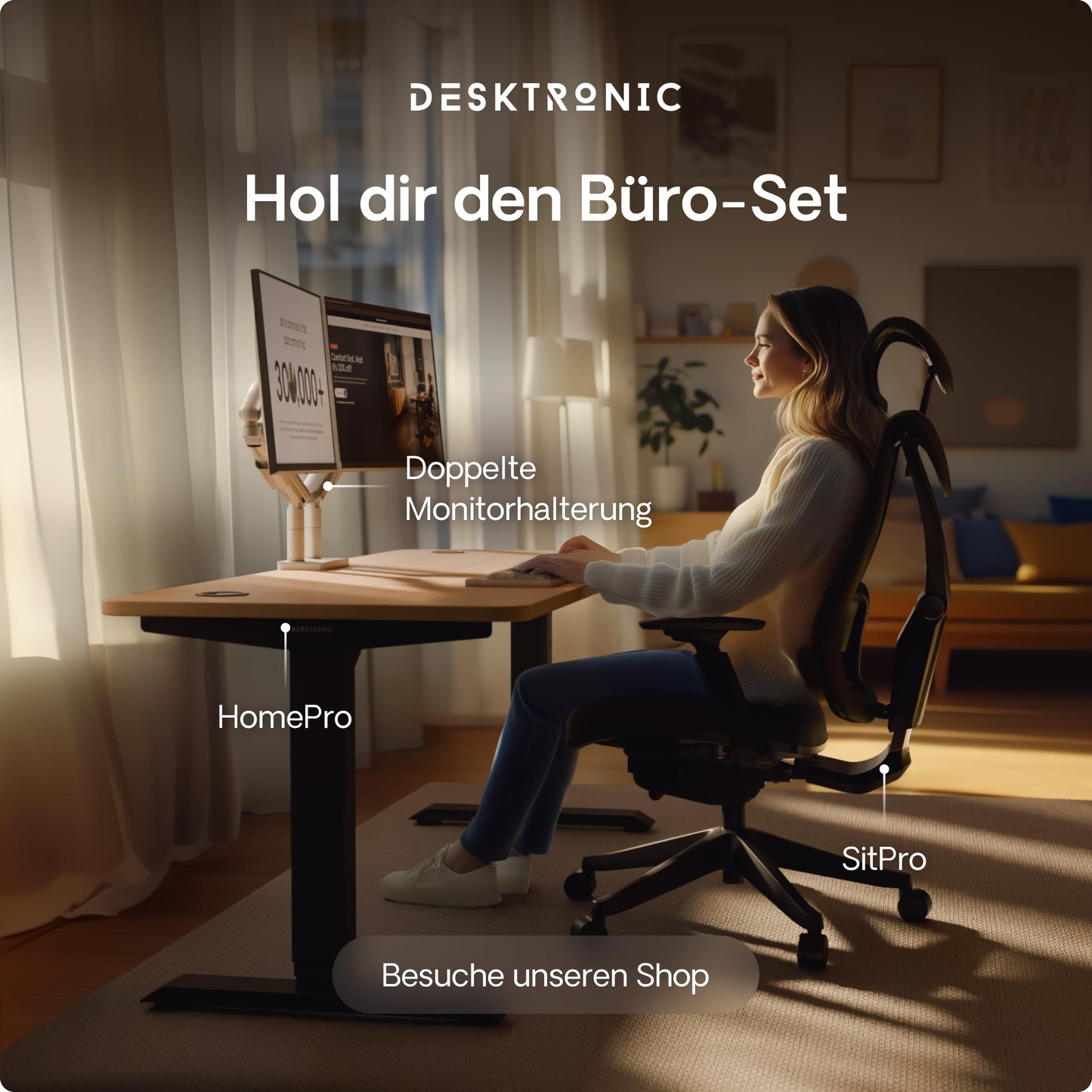 Desktronic HomePro Schreibtisch 160×80 cm, elektrisch höhenverstellbar, 2 Motoren, Touchscreen, USB-A & USB-C Anschlüsse