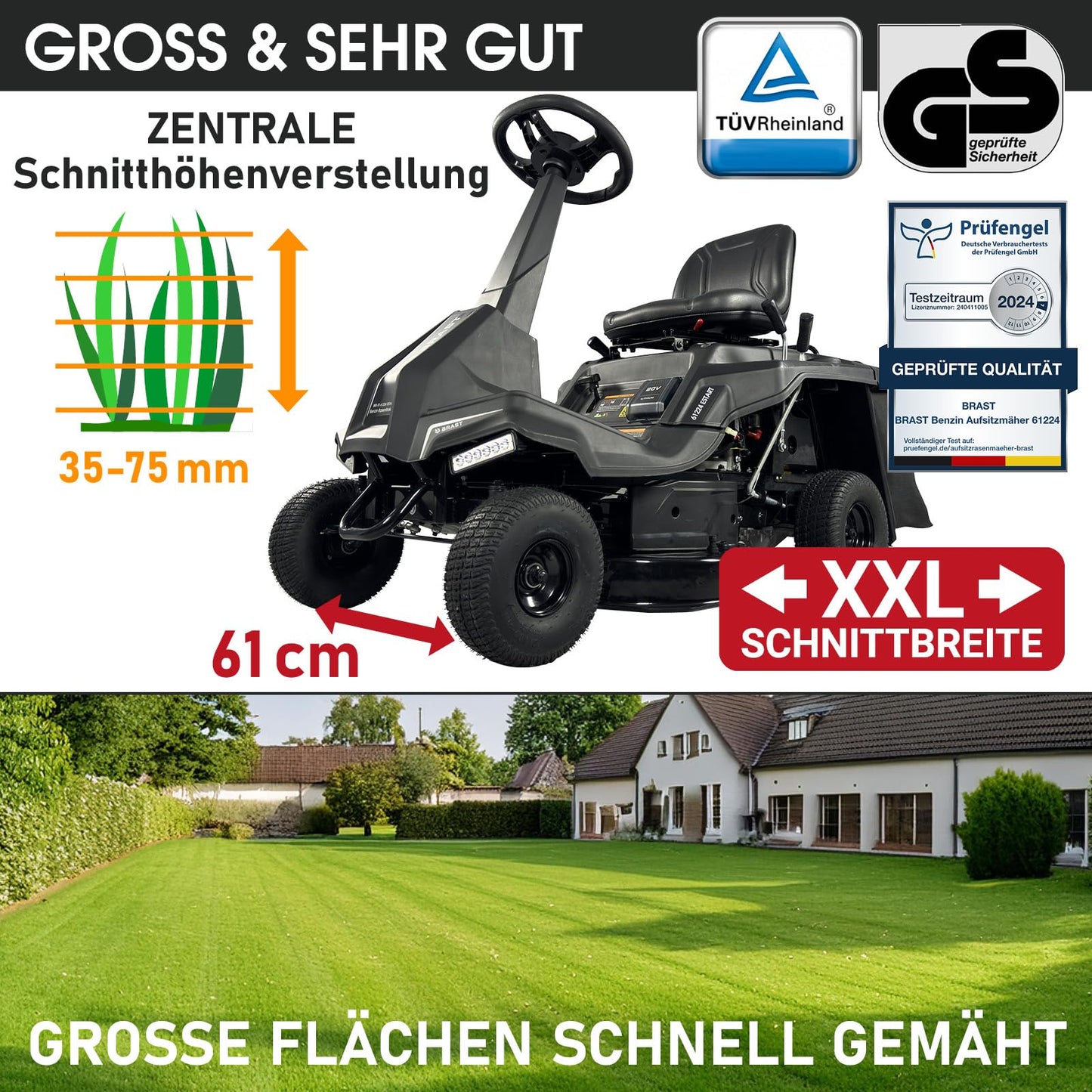 BRAST® Rasentraktor Benzin Aufsitzmäher | 5,15kW(7PS) | Elektrostart | XXL Schnittbreite 61cm | TÜV geprüft | Variable Geschwindigkeit | 150L Fangkorb | für mittlere bis große Rasenflächen