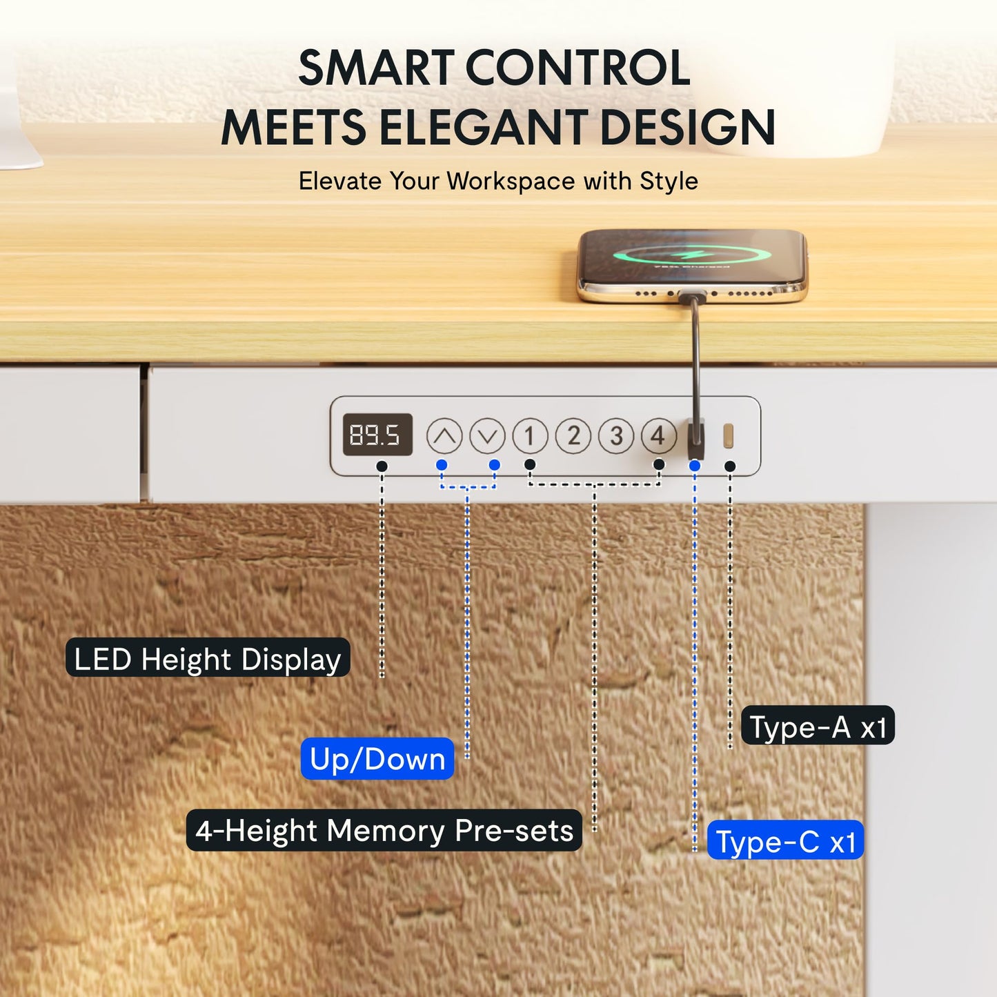 FLEXISPOT Höhenverstellbarer Schreibtisch 120x60 cm, LED-Höhenanzeige, Memory-Funktion, USB, Schublade, elektrisch, Naturahorn