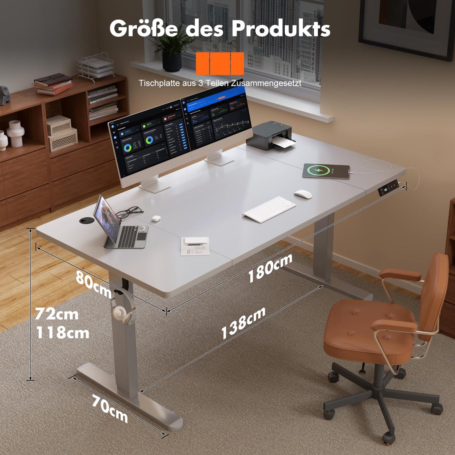 Devoko Höhenverstellbarer Schreibtisch 180x80 cm, elektrisch, Typ-C Ladeanschluss, Kabelmanagement, mobiler Computertisch, grau
