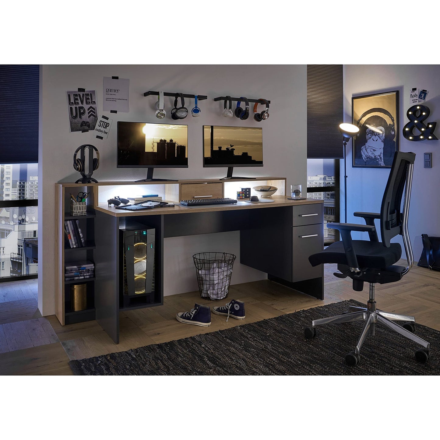 Stella Trading HIGHSCORE 4 Gaming Tisch 182x92x70 cm, Artisan Eiche Optik, grau, mit Schublade & LED-Beleuchtung