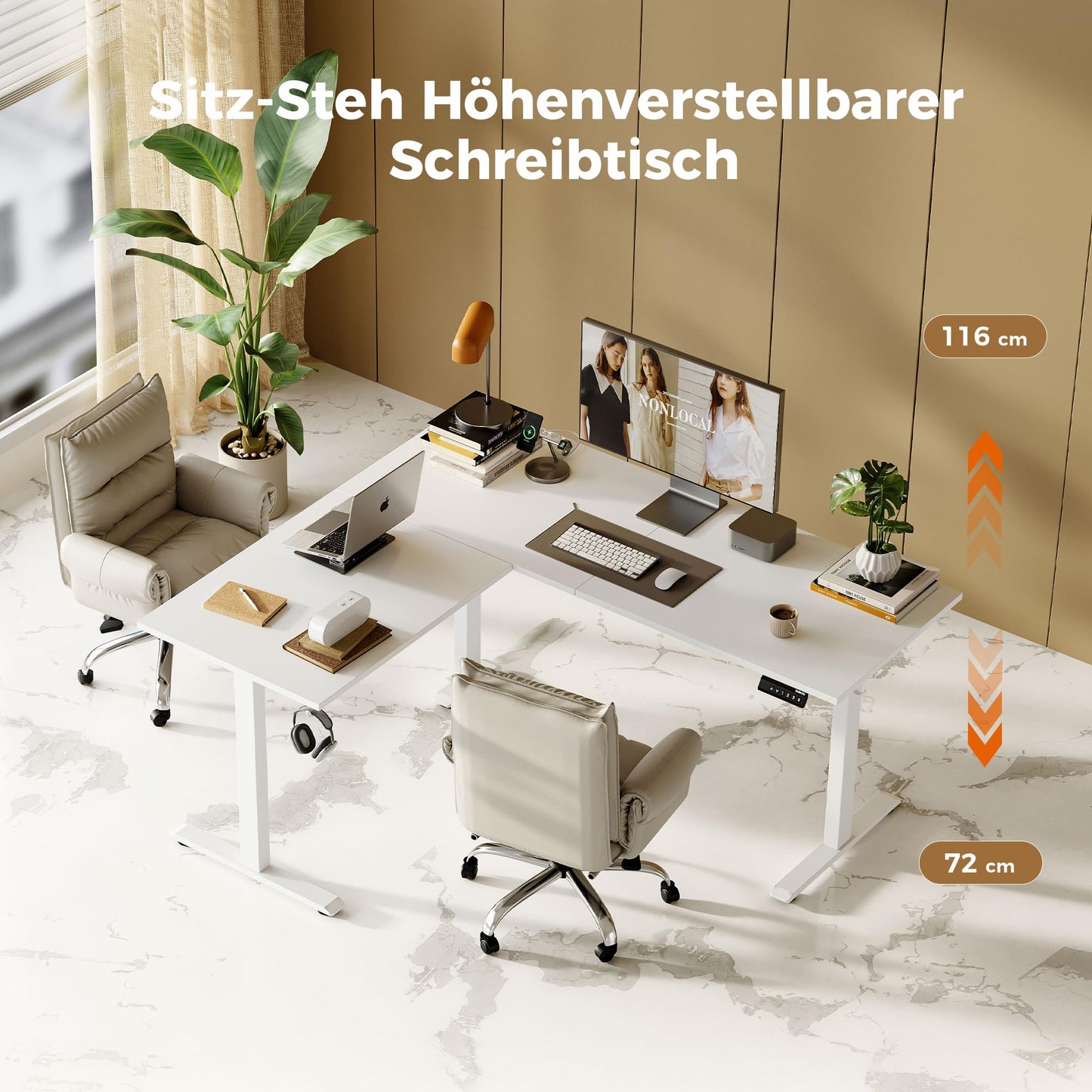 Agilestic L-förmiger Schreibtisch 190x155 cm, höhenverstellbar, ergonomisch, Steh-Sitz-Funktion, ideal für Eckräume, weiß