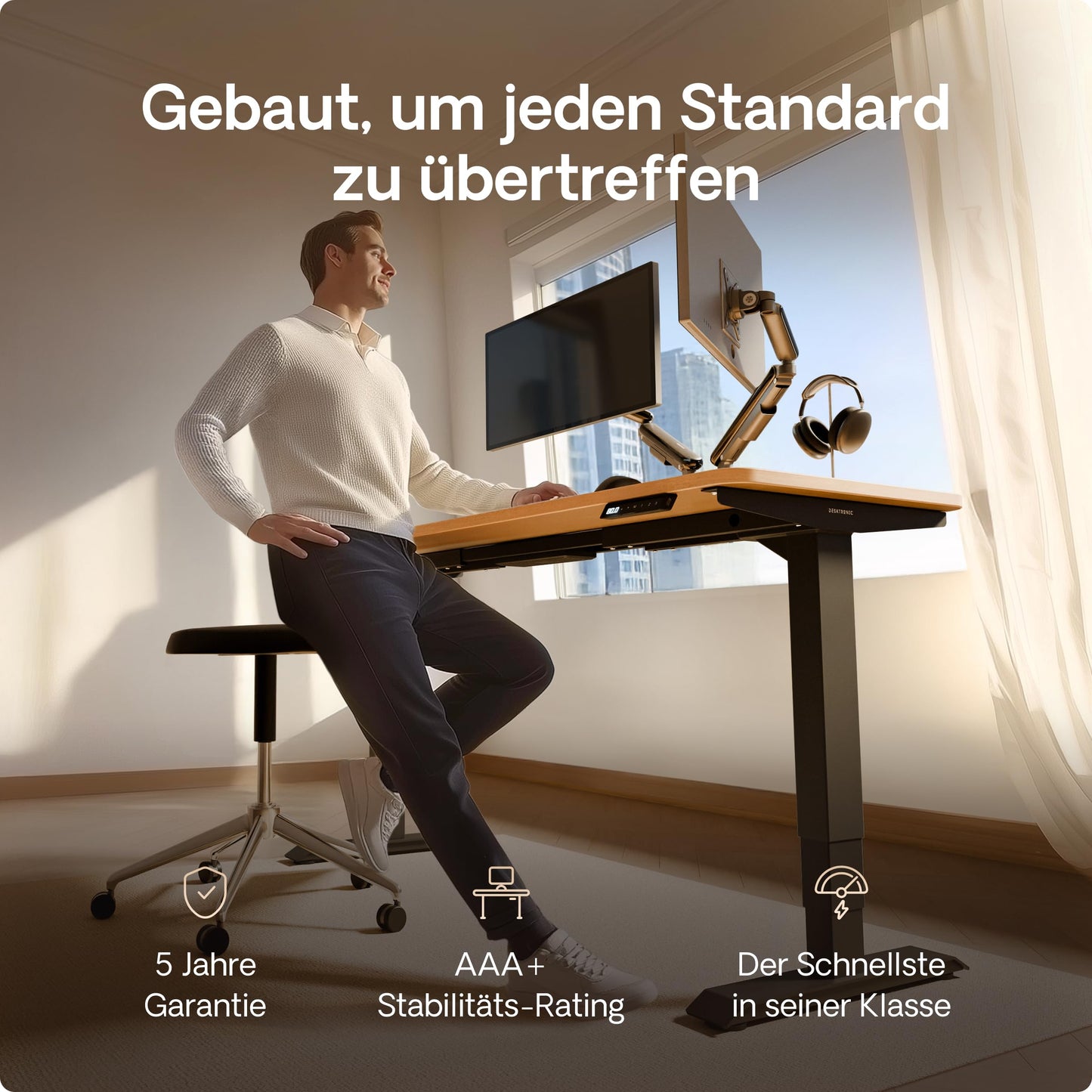 Desktronic HomePro Schreibtisch 160×80 cm, elektrisch höhenverstellbar, 2 Motoren, Touchscreen, USB-A & USB-C Anschlüsse