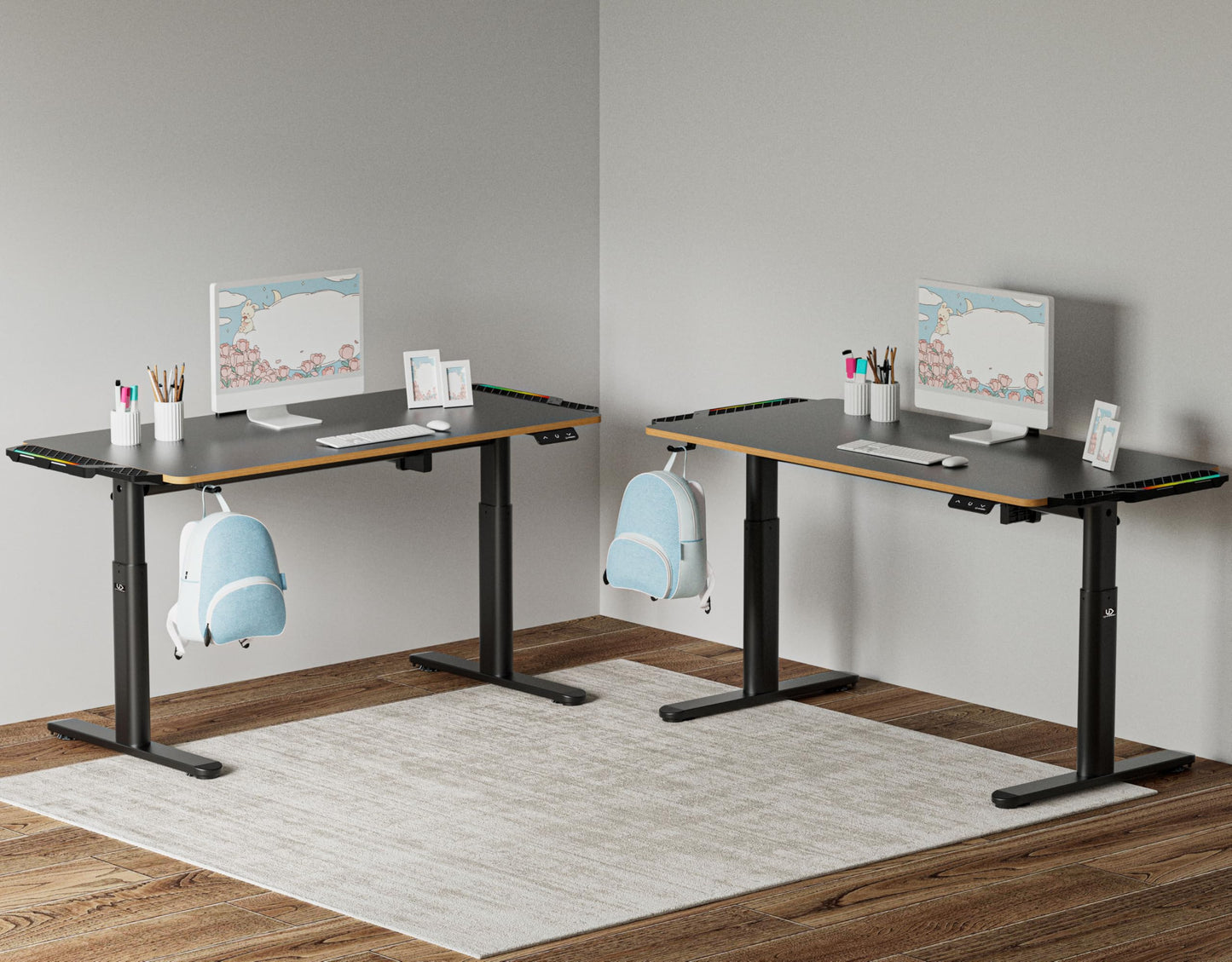 ULTRADESK Pulsar Kinderschreibtisch 136x60 cm, höhenverstellbar (55–81 cm), mit LED, für 2 Monitore, Kinder- & Jugendzimmer, schwarz