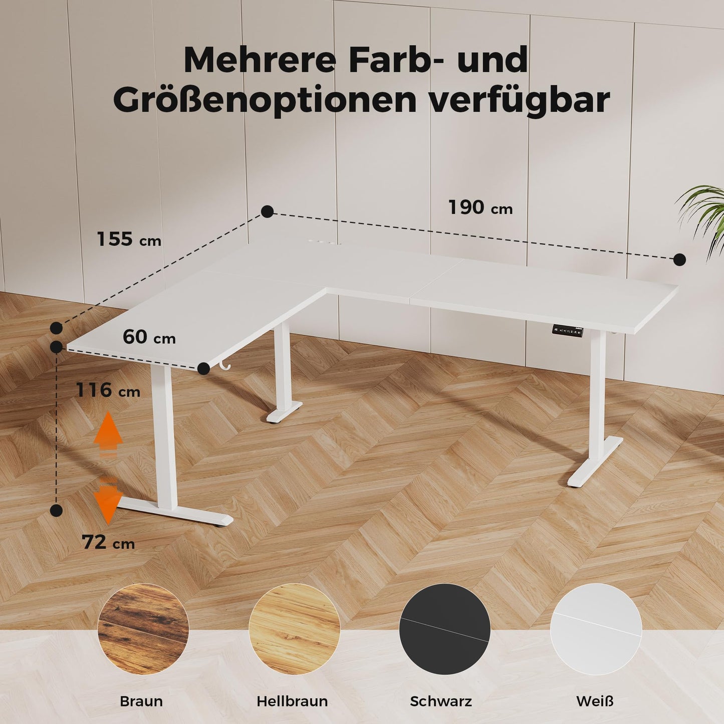 Agilestic L-förmiger Schreibtisch 190x155 cm, höhenverstellbar, ergonomisch, Steh-Sitz-Funktion, ideal für Eckräume, weiß