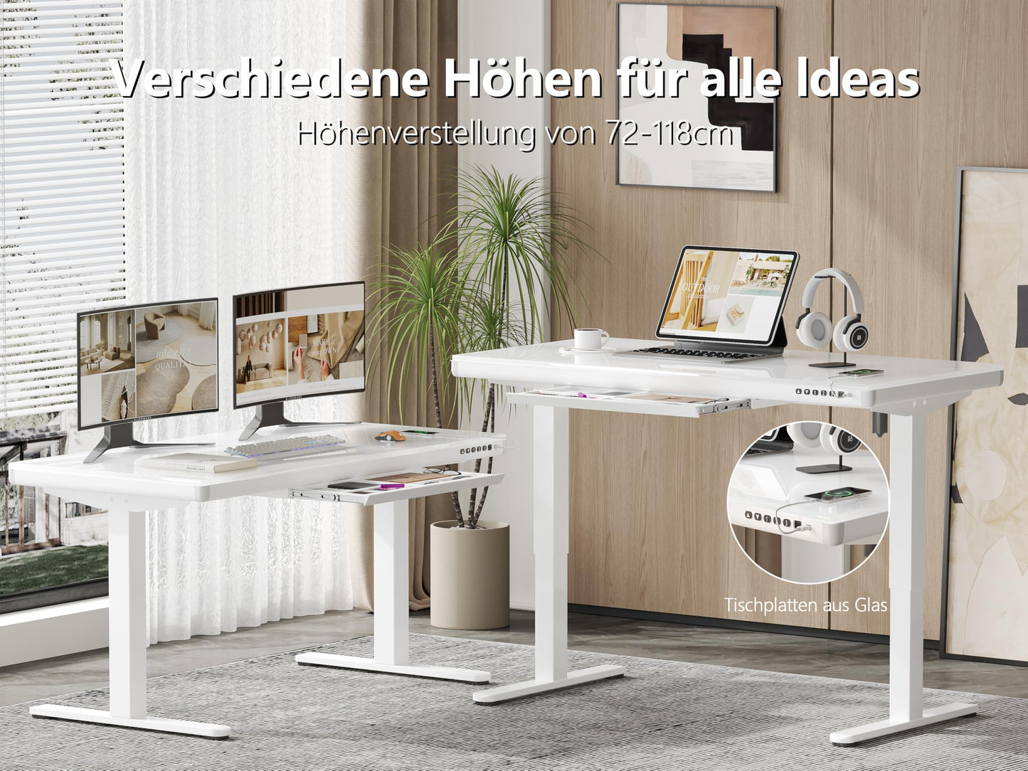 Homall Glas Schreibtisch 140x70 cm, elektrisch höhenverstellbar, mit Schublade, Sitz-Steh-Funktion, ideal fürs Home Office, weiß
