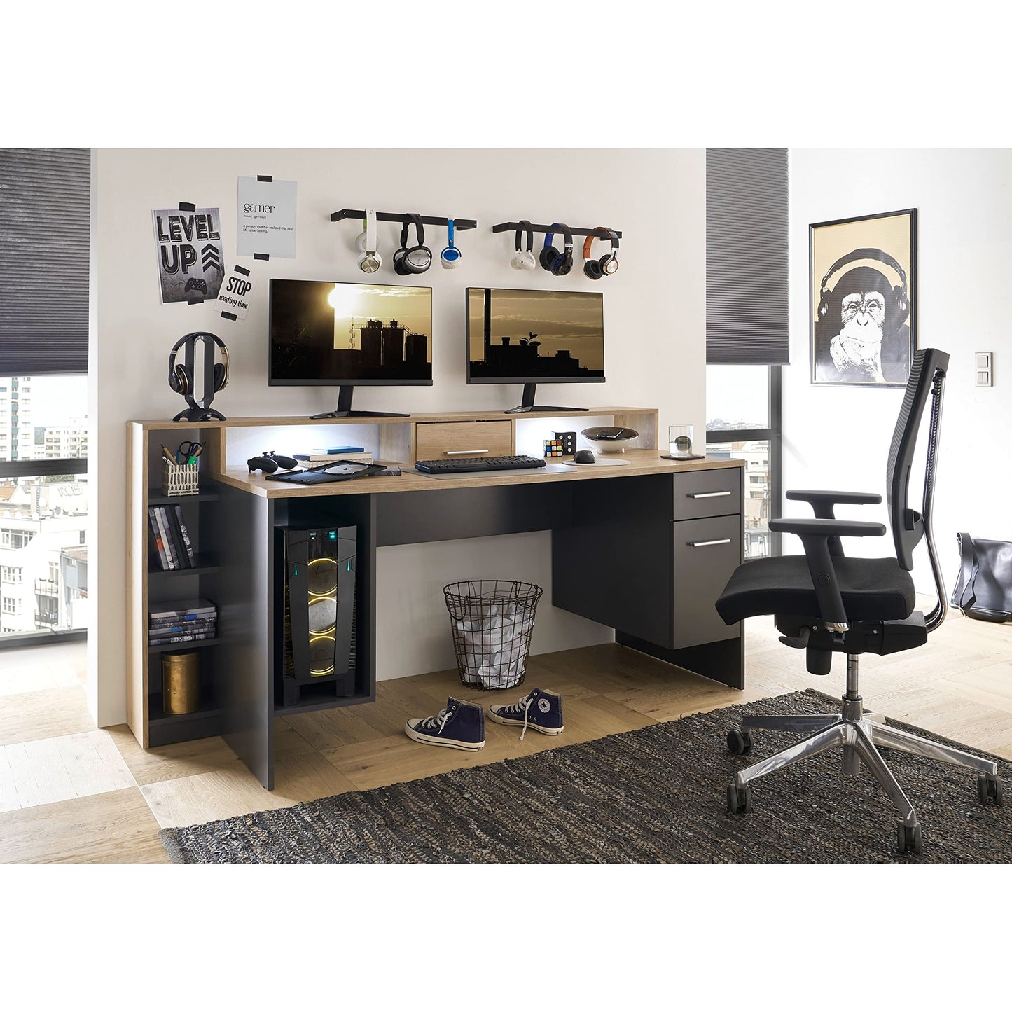 Stella Trading HIGHSCORE 4 Gaming Tisch 182x92x70 cm, Artisan Eiche Optik, grau, mit Schublade & LED-Beleuchtung