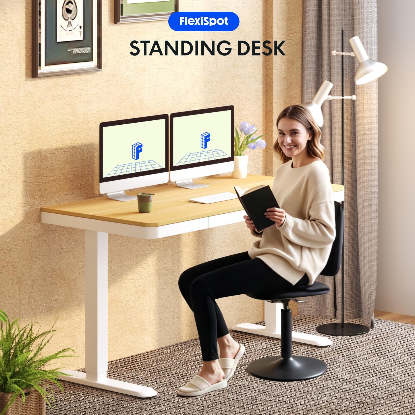 FLEXISPOT Höhenverstellbarer Schreibtisch 120x60 cm, LED-Höhenanzeige, Memory-Funktion, USB, Schublade, elektrisch, Naturahorn
