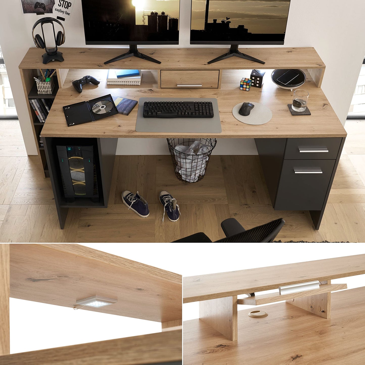 Stella Trading HIGHSCORE 4 Gaming Tisch 182x92x70 cm, Artisan Eiche Optik, grau, mit Schublade & LED-Beleuchtung