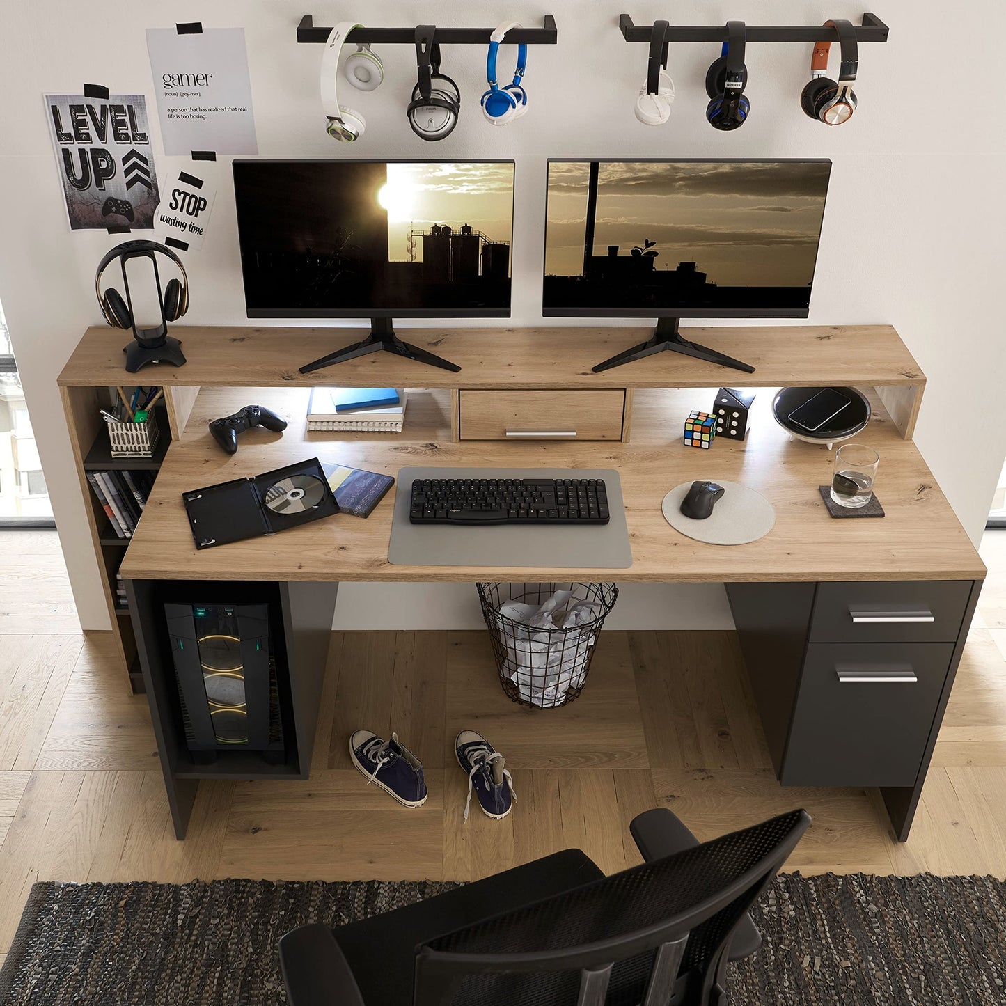 Stella Trading HIGHSCORE 4 Gaming Tisch 182x92x70 cm, Artisan Eiche Optik, grau, mit Schublade & LED-Beleuchtung