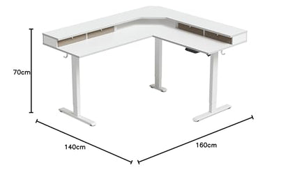 FEZIBO L-förmiger Stehschreibtisch 160 cm, Einzelmotor, 4 Schubladen, weißer Rahmen & Tischplatte, elektrisch höhenverstellbar