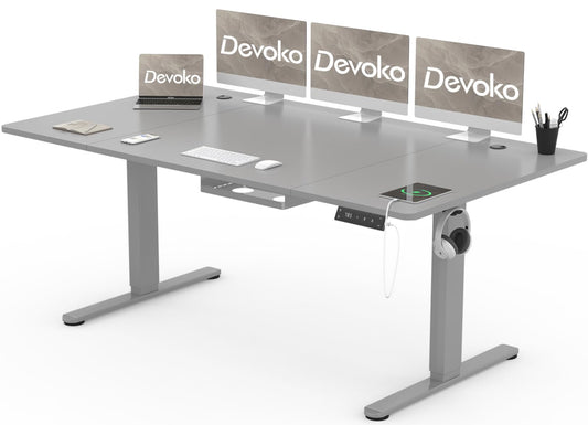 Devoko Höhenverstellbarer Schreibtisch 180x80 cm, elektrisch, Typ-C Ladeanschluss, Kabelmanagement, mobiler Computertisch, grau