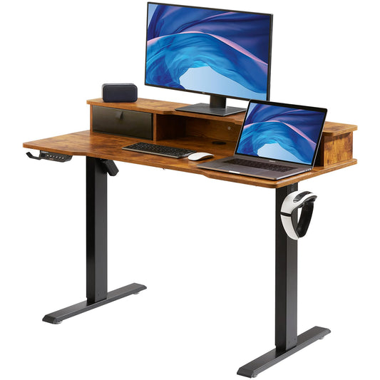 VEVOR Elektrischer Schreibtisch 120x60 cm, höhenverstellbar (72–110 cm), Memory-Steuerung, doppellagig, 82 kg belastbar, braun